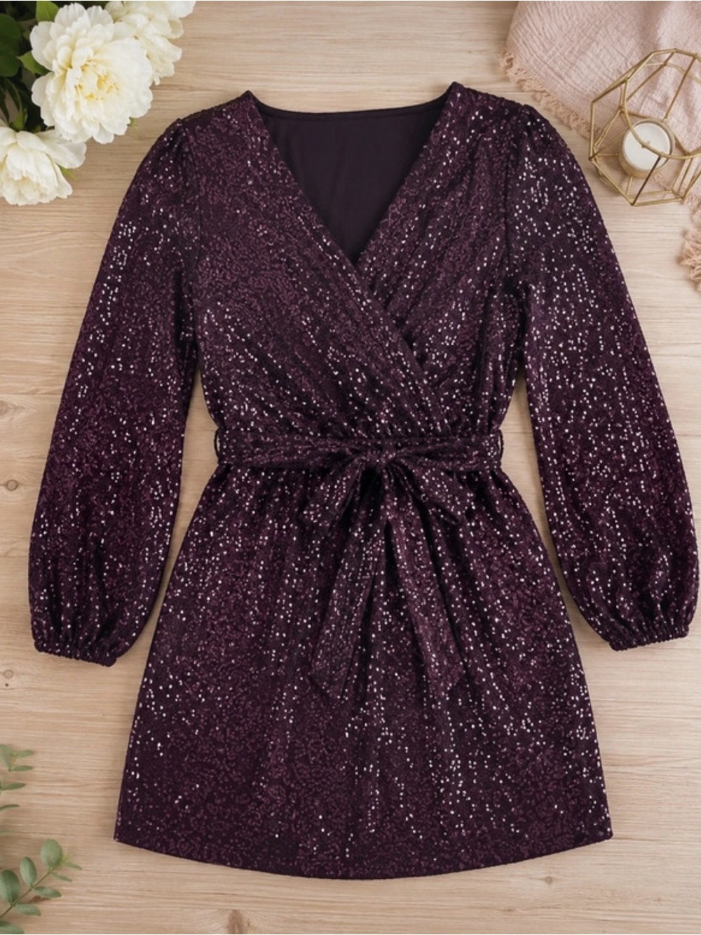Sparkle Wrap Mini Dress in Plum